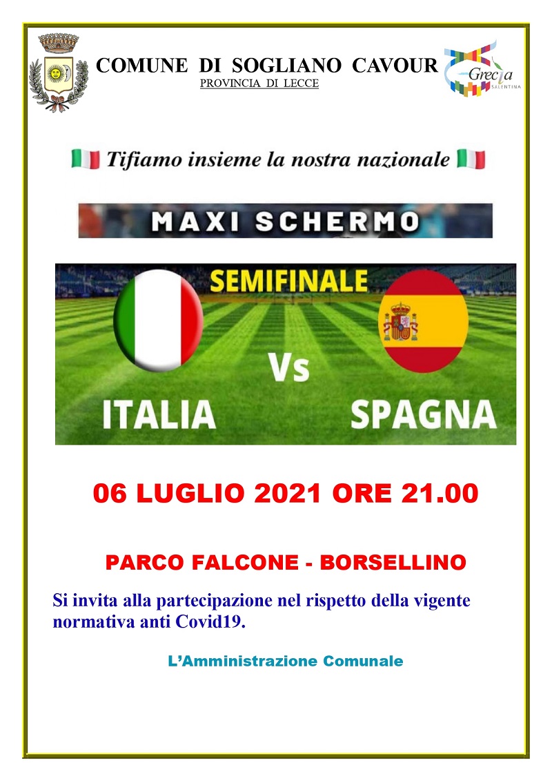 MARTEDI' 06 LUGLIO 2021: PROIEZIONE SU MAXI SCHERMO DELLA PARTITA DI CALCIO ITALIA - SPAGNA PRESSO IL PARCO FALCONE - BORSELLINO